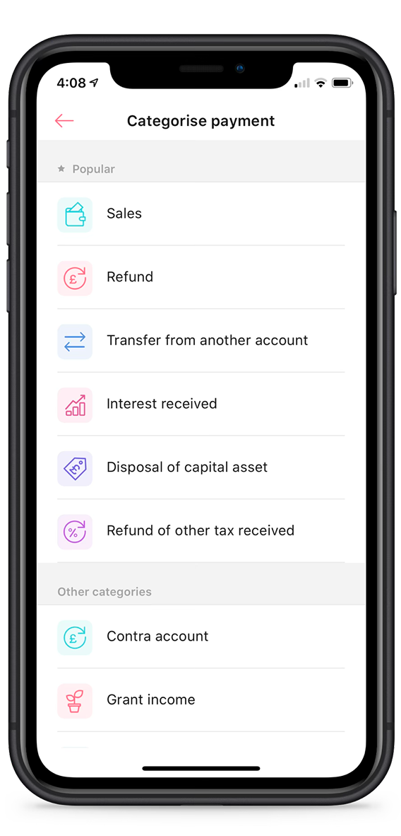 Mettle categorise payment screen
