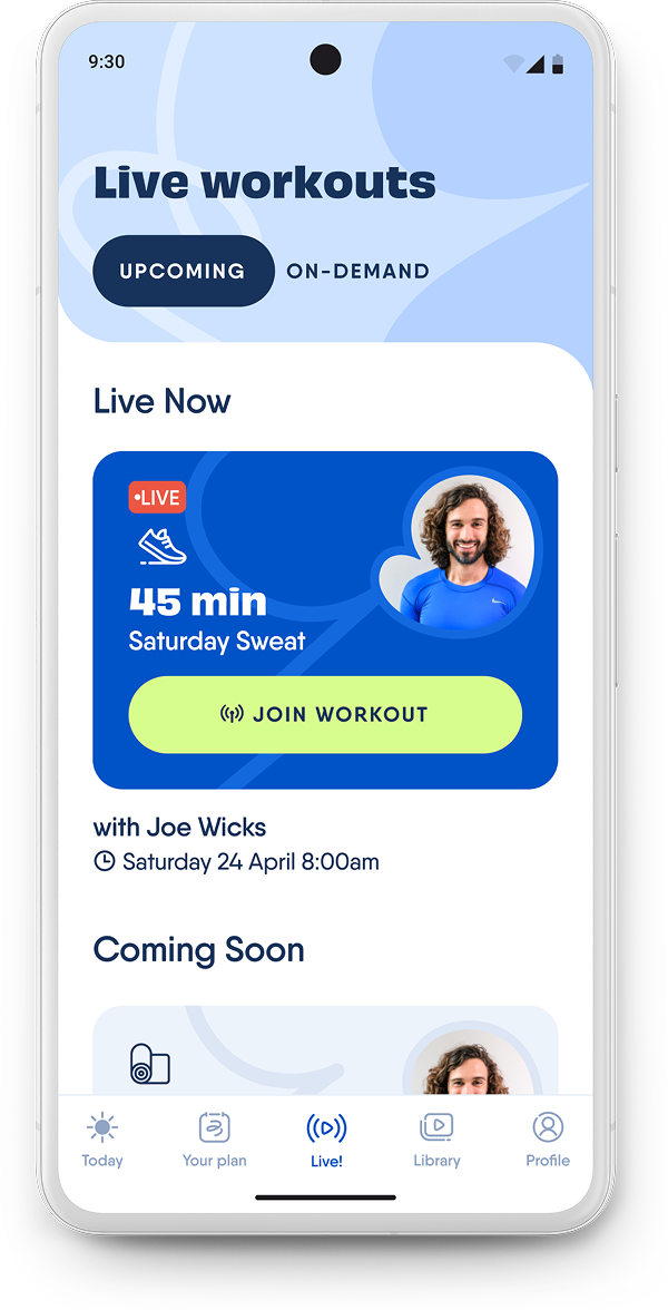 The Body Coach Live workouts screen