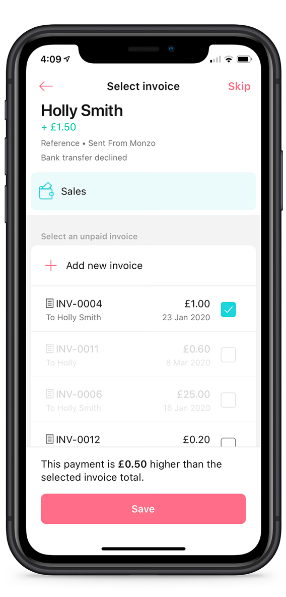 Mettle select invoice screen
