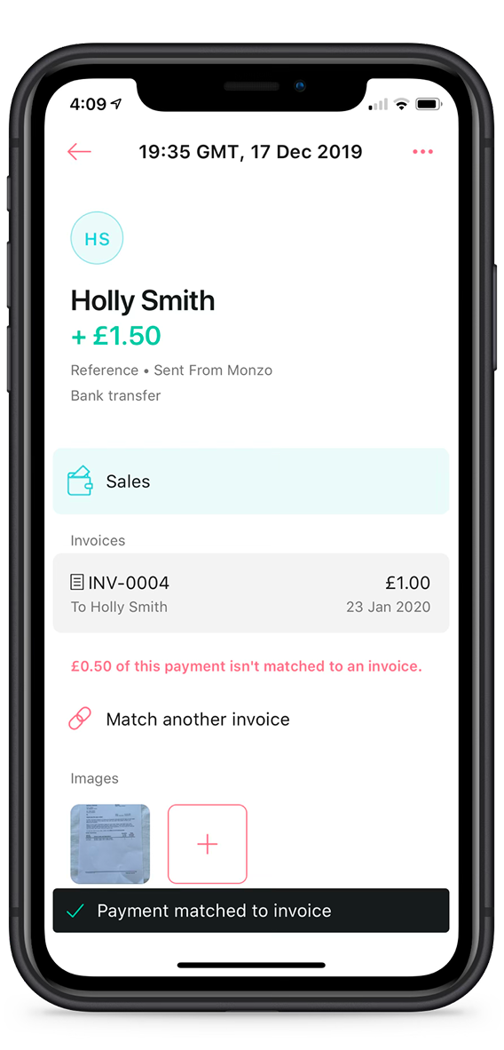 Mettle payment matched to invoice screen